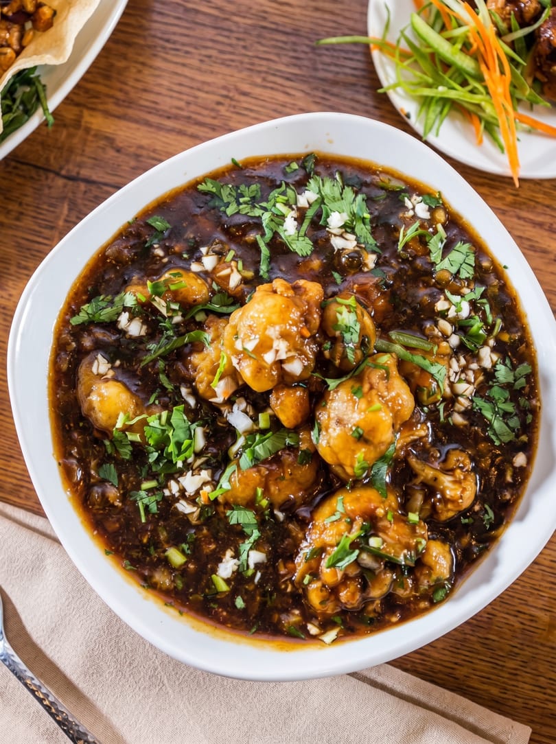 A white bowl filled with dark brown gravy, chicken pieces, and garnished with cilantro and chopped garlic.